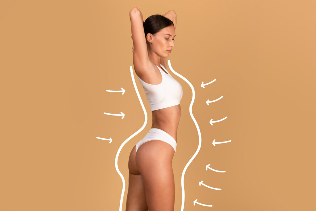 liposuction concept drawn outlines with arrows around fit lady white underwear slender woman with perfect figure